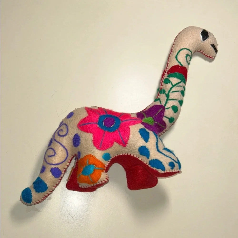 Mexican Handmade Unique Felt Floral Embroidered Dinosaur Brachiosaurus Plush